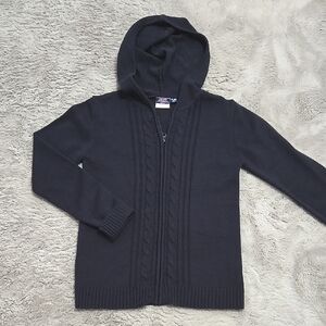 Vintage Izod cable knit dark navy blue Hooded Zip-Up Sweater jacket size M